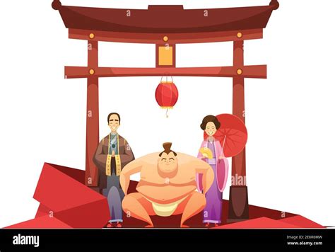 Japanese Culture Retro Composition With Pagoda Sumo Wrestler And In
