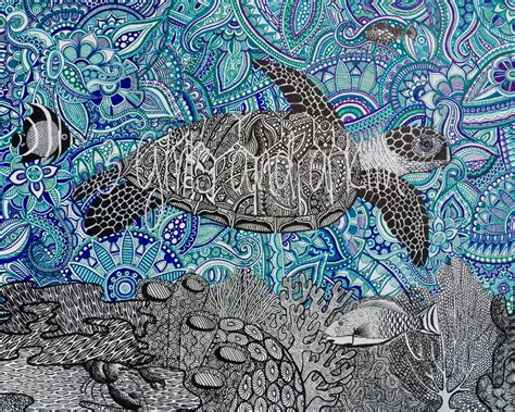 Cayman Sea Turtle Zentangle Drawing X Print Etsy