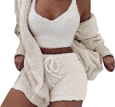 famnbro womens sexy fuzzy 3 piece outfits fleece warm hooded cardigan crop top shorts set