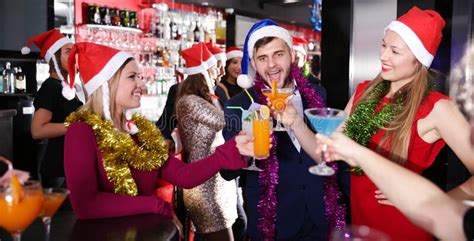 Guy With Two Girls On New Year Party In Bar Stock Image Image Of Clubbing Amicable 221449903