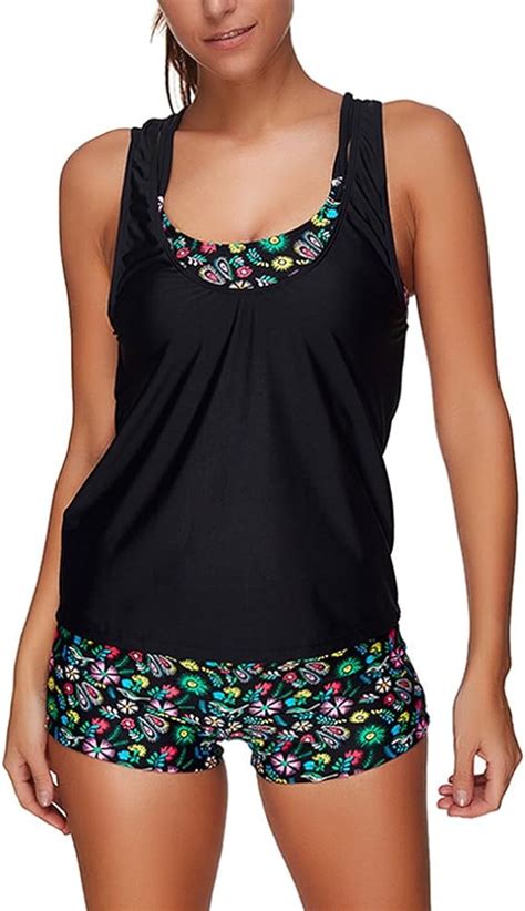 Womens Sporty Style Lined Up Double Up Tankini Top Sets Summer Beach
