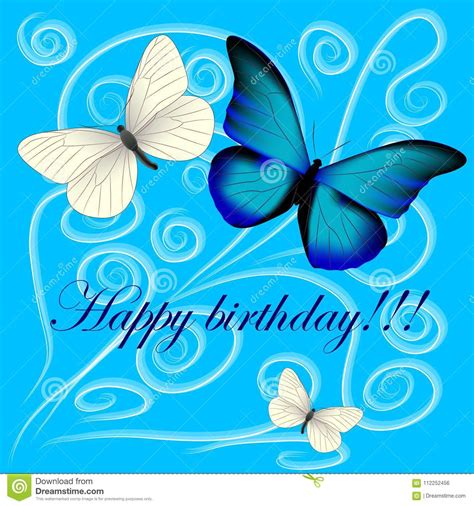 Augura un buon pomeriggio con questa immagine. Cartolina Con Un Buon Compleanno, Tre Farfalle Su Una Parte Posteriore Del Blu Illustrazione ...