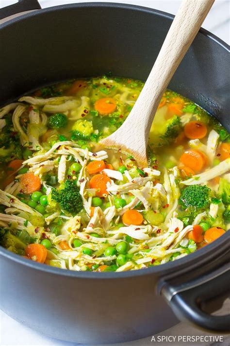 This healthy vegetable chicken soup recipe is full of veggies and great to detox when you need to eat healthy! A Spicy Perspective | Healthy eating, Soup recipes, Diet recipes