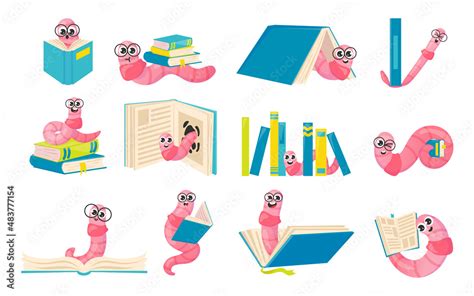 Vetor De Cartoon Bookworm Cute Worm Nerd Character With Big Eyes Glasses And Book Stacks