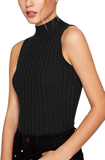 women sleeveless high mock turtleneck ribbed knit sweater tank top basic slim fit stretchable