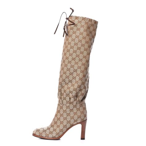 Gucci Monogram Lisa Mid Heel Boots 38 Beige Ebony 399113