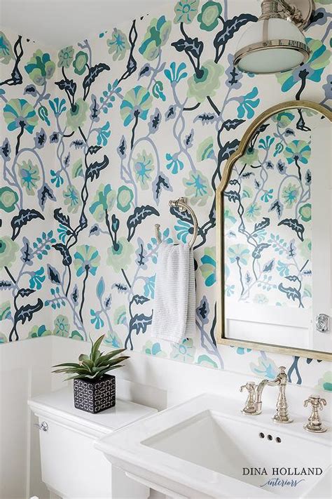 Blue And Green Botanical Wallpaper In Powder Room Transitional Bathroom