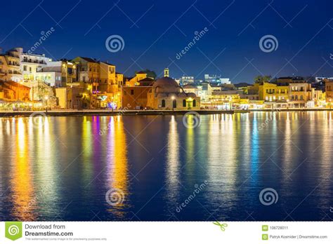Old Town Of Chania City At Night Crete Stock Image Image Of Blue