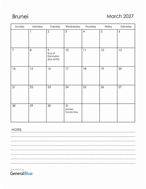 March 2027 Brunei Calendar With Holidays