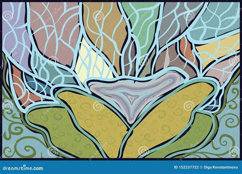 Abstract Drawing Spring Greens Blue Water Plants Stock Illustration