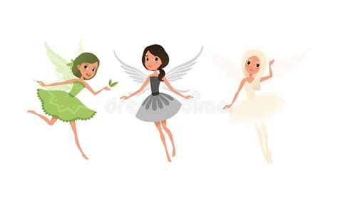 Lovely Girl Fairies With Wings Set Beautiful Girls Flying In Pretty