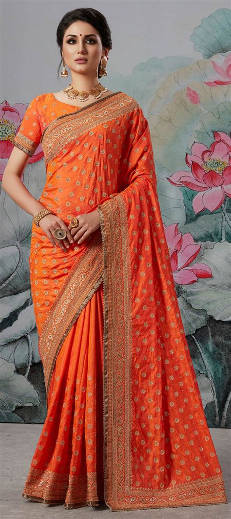Party Wear Traditional Orange Color Art Silk Silk Fabric Saree 1569962