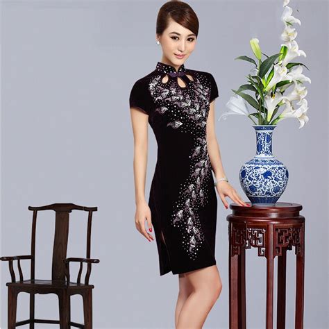 embroidery velvet short cheongsam dress mini qipao traditional chinese oriental dresses evening