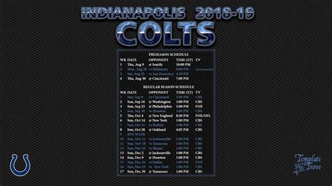 The schedule includes the opponents, dates, and results. 2018-2019 Indianapolis Colts Wallpaper Schedule
