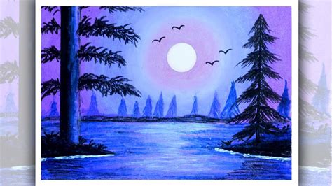 How To Draw Simple Moonlight Scenery Easy Oil Pastel Scenery Drawing