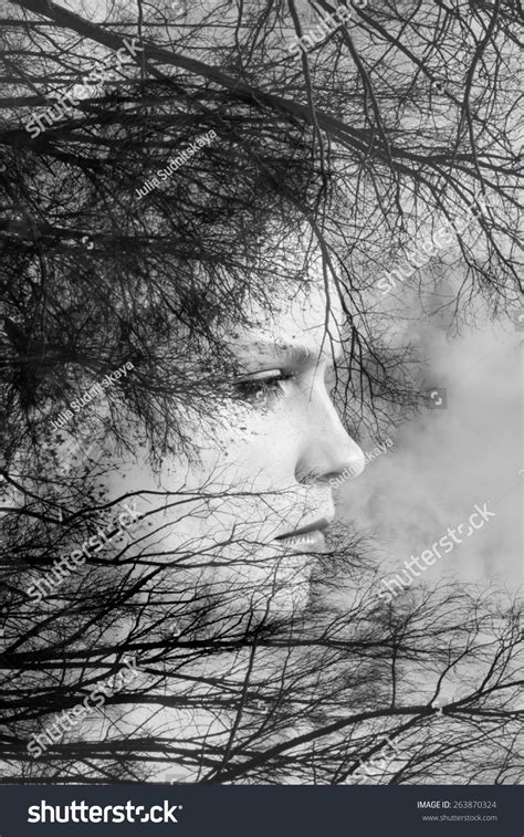 Creative Portrait Of Beautiful Young Woman Made From Double Exposure