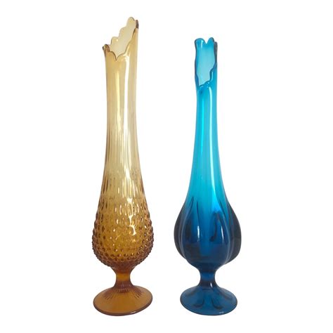 Vintage Mid Century Amber Topaz And Turquoise Blue Blown Glass Tall Vases Set Of 2 Chairish