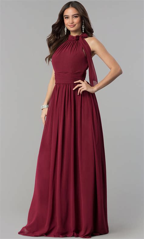 Chiffon Ruched High Neck Long Prom Dress Promgirl