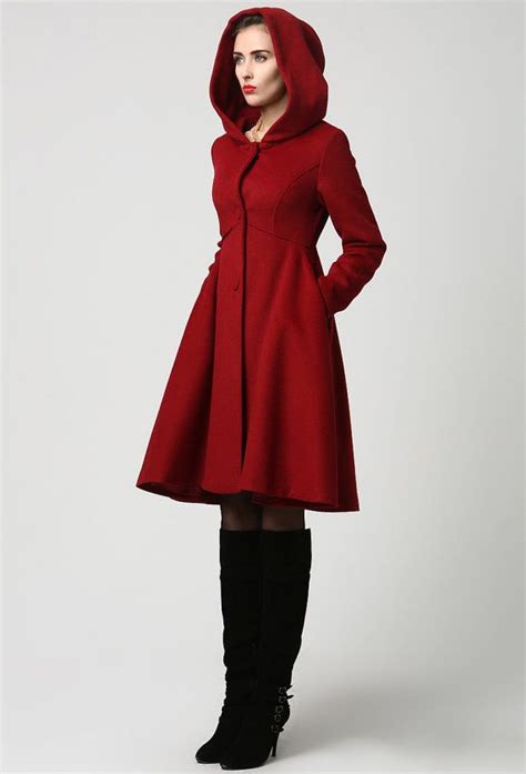 Hooded Wool Coat Wool Winter Coat Black Wool Coat Wool Jacket Red Hooded Jacket Red Jacket