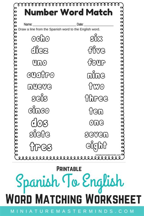 Spanish To English Word Number Matching Worksheet 10 Bervs To Learn