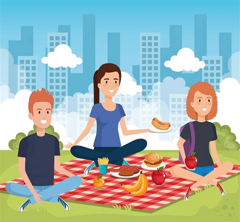 Premium Vector Young People In Picnic Day Scene Vector Illustration