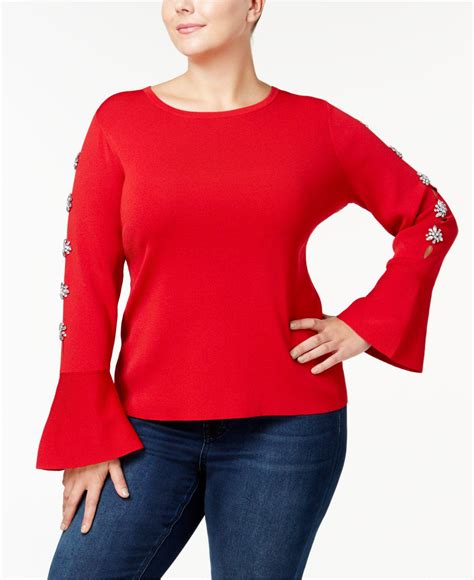 Inc International Concepts Synthetic Plus Size Rhinestone Bell Sleeve Sweater In Real Red Red