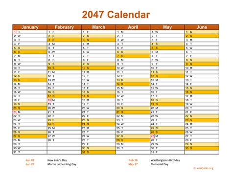 2047 Calendar On 2 Pages Landscape Orientation