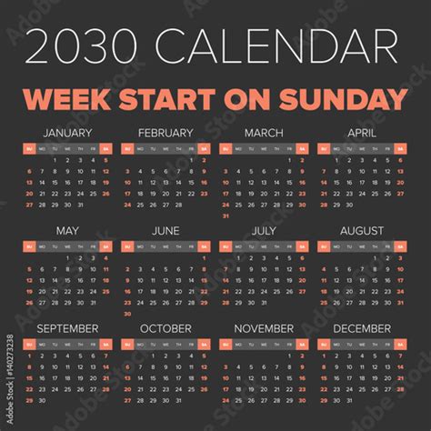 Simple 2030 Year Calendar Buy This Stock Vector And Explore Similar