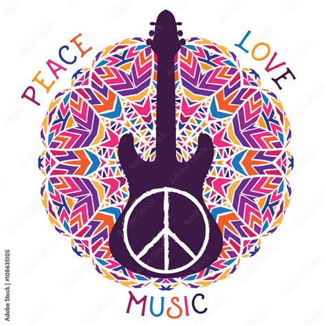Hippie Peace Symbol Peace Love Music Sign And Guitar On Ornate