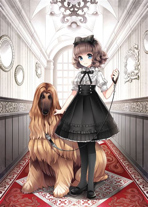 Anime Girl Big Dog Black Dress Blue Eyes Image