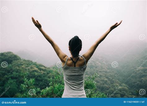 Woman With Outstretched Arms Enjoying The View Stock Image Image Of