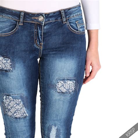Women Ripped Dark Denim Skinny Jeans Stretch Slim Fitted Low Rise