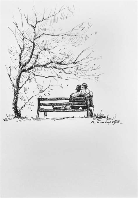 Original Art Drawing Warm Autumn Loving Couple On The Bench Etsy
