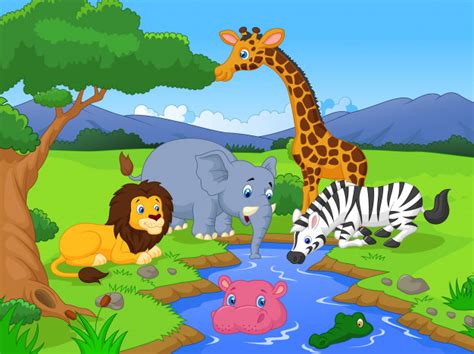 Escena De Personajes De Dibujos Animados Animales De Safari Africano Lindo Vector Premium