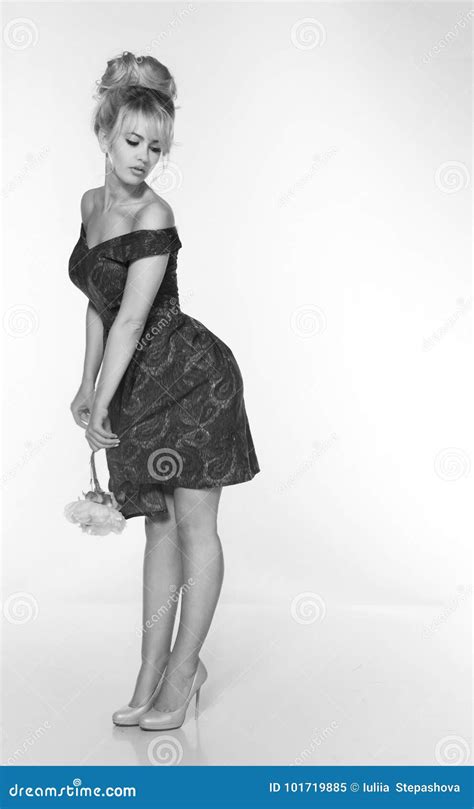 Portrait Of A Beautiful Blonde Woman In Retro Dress 50 S Style Monochrome Black And White
