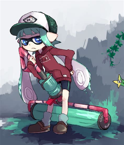 1girl aqua hair baseball cap bike shorts blue eyes domino mask hand on hip hat holding hood