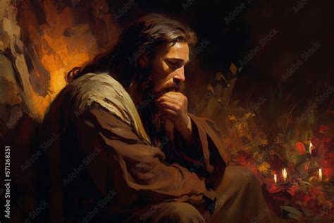 Jesus Christ praying in the garden of Gethsemane Oil painting style Christian art ilustração do