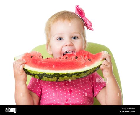 Child Girl Eating Watermelon Isolated On White Background Stock Photo