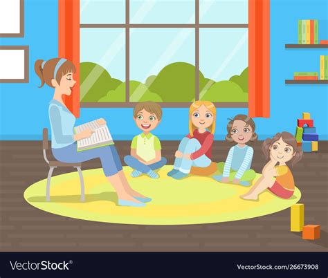 Group Kids Sitting On Floorteacher Sitting On Vector Image