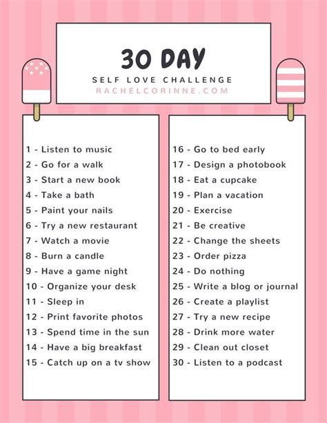 30 Day Self Care Challenge Rachel Corinne Love Challenge Self Care Activities Happiness