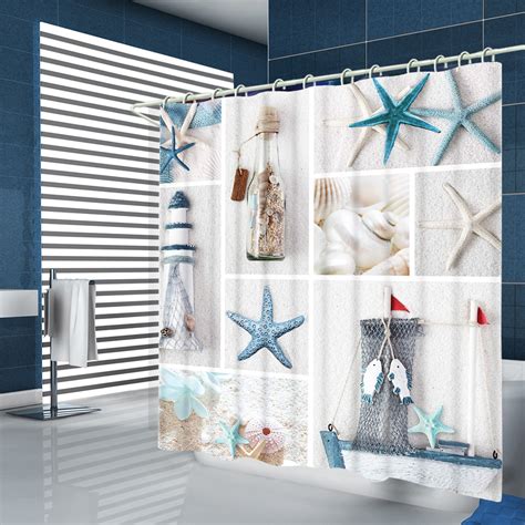 White with blue drawings of sea shells.it reaches from the ceiling to the. Shower Curtain Bathroom Blue Sea Life Seashell Pattern ...