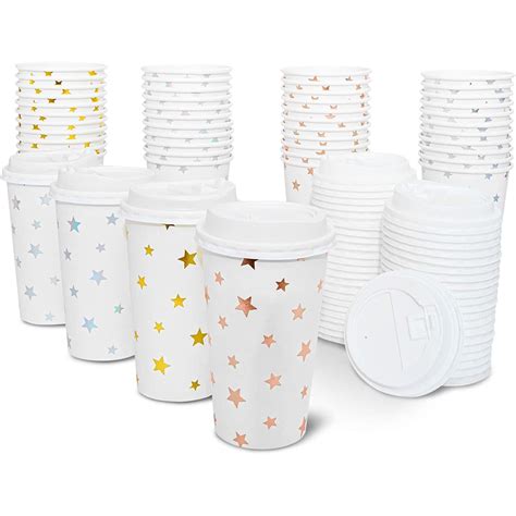 48 Pack Cute Foil Stars Insulated Disposable Coffee Cups With Lids