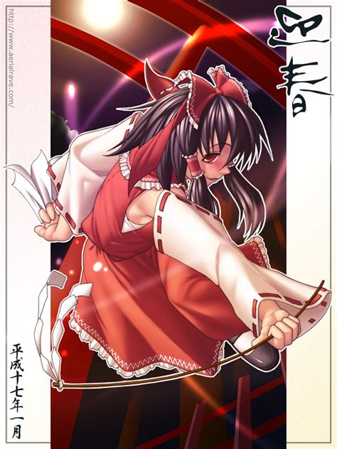 Jacky Aerial Rave Hakurei Reimu Touhou 1girl Black Hair Detached