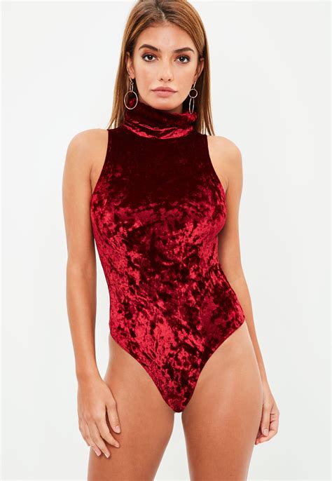 Lyst Missguided Burgundy High Neck Crushed Velvet Bodysuit In Red