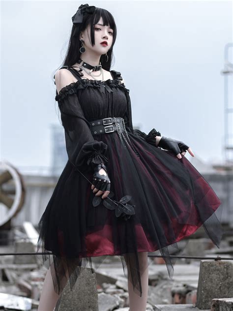 Gothic Lolita Op Dress Black Burgundy Ruffles Bows Open The Shoulder