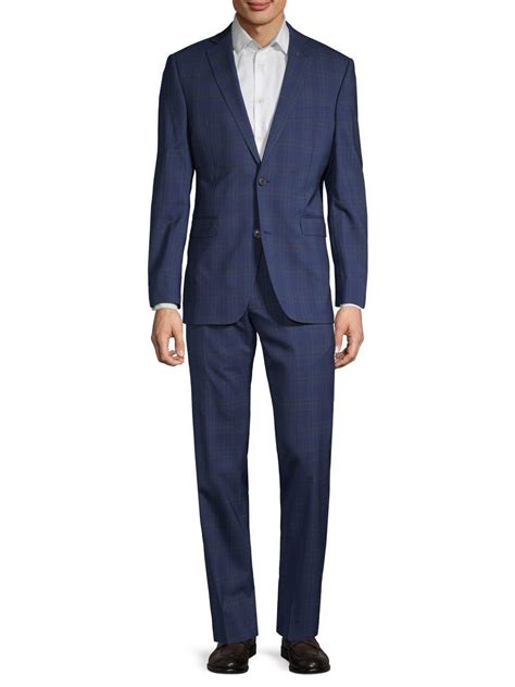 Saks Fifth Avenue Trim Fit Plaid Wool Suit In Navy Blue For Men Lyst