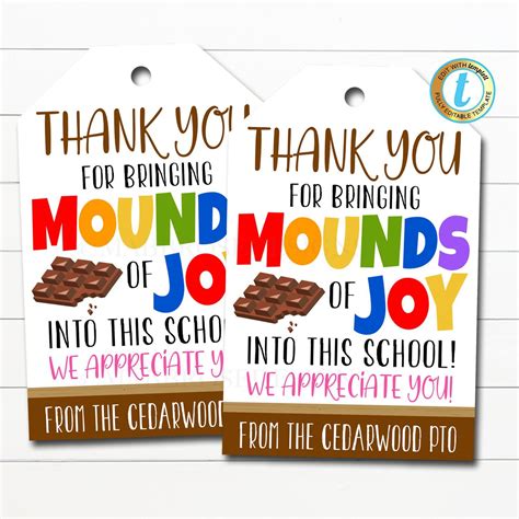 Candy Chocolate T Tag Thanks For Bringing Mounds Of Joy School Pto