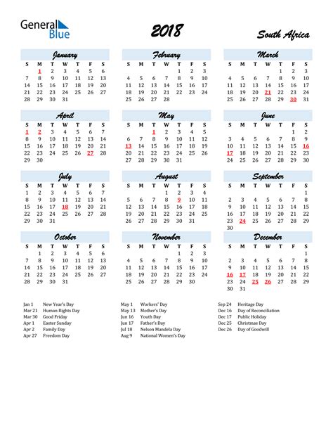 2018 South Africa Calendar With Holidays