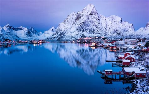 Wallpaper Winter The Sky Water Snow Mountains Lights Reflection