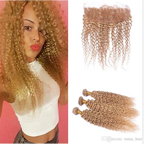 2017 Kinky Curly Lace Frontal With Bundles 27 Honey Blonde Deep Curly Human Virgin Hair With